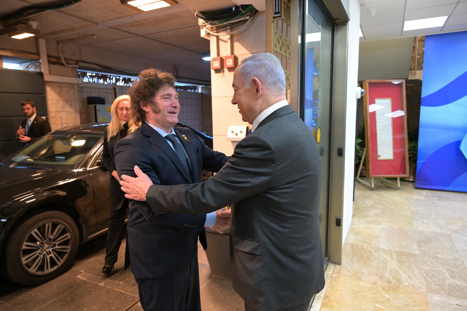 Javier Milei and Benjamin Netanyahu during a welcome in Israel