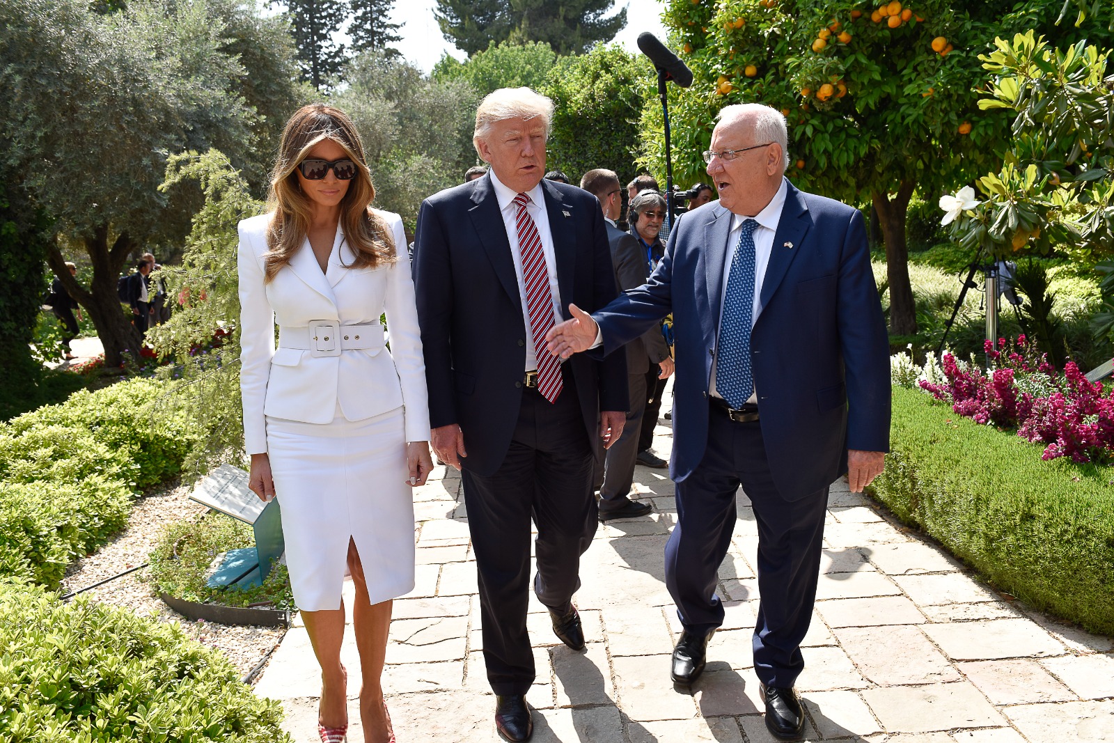 Melania Trump, President Trump and President Rivlin in the gardens of the President's Residence
